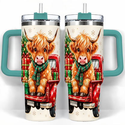 #pl[40oz|Green] Highland Cow Truck 40oz Tumbler with Handle, Holiday Cup for Cow Lovers