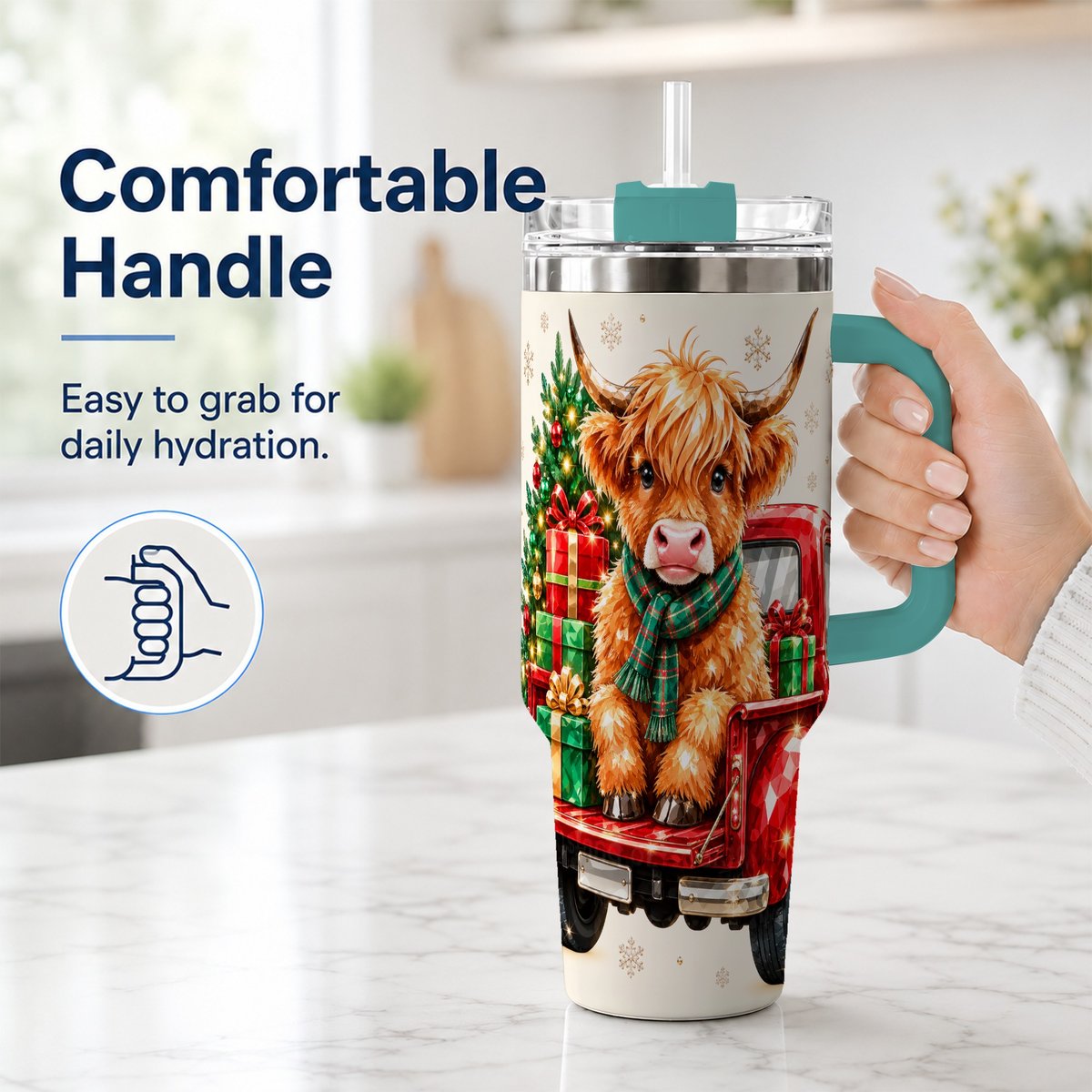 #pl[40oz|Green] Highland Cow Truck 40oz Tumbler with Handle, Holiday Cup for Cow Lovers