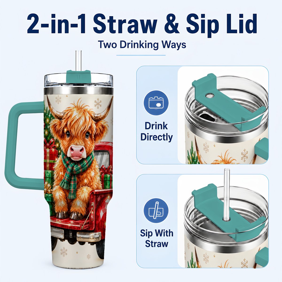 #pl[40oz|Green] Highland Cow Truck 40oz Tumbler with Handle, Holiday Cup for Cow Lovers