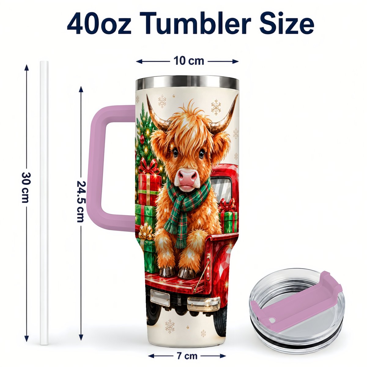 #pl[40oz|Pink] Highland Cow Truck 40oz Tumbler with Handle, Holiday Cup for Cow Lovers