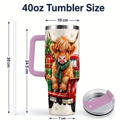 #pl[40oz|Pink] Highland Cow Truck 40oz Tumbler with Handle, Holiday Cup for Cow Lovers