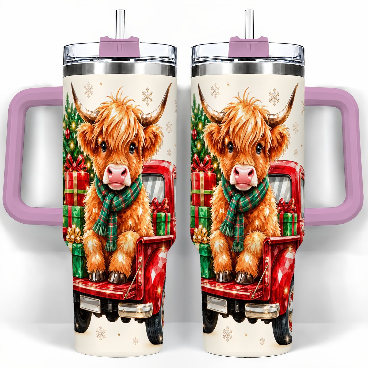 #pl[40oz|Pink] Highland Cow Truck 40oz Tumbler with Handle, Holiday Cup for Cow Lovers