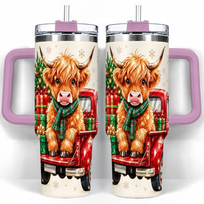 #pl[40oz|Pink] Highland Cow Truck 40oz Tumbler with Handle, Holiday Cup for Cow Lovers