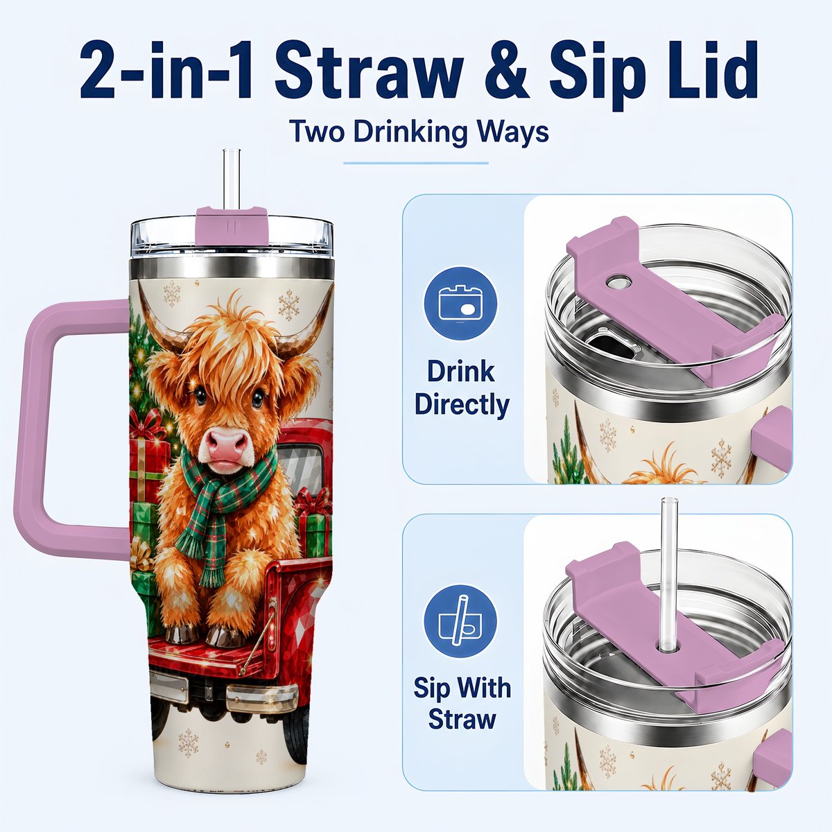 #pl[40oz|Pink] Highland Cow Truck 40oz Tumbler with Handle, Holiday Cup for Cow Lovers
