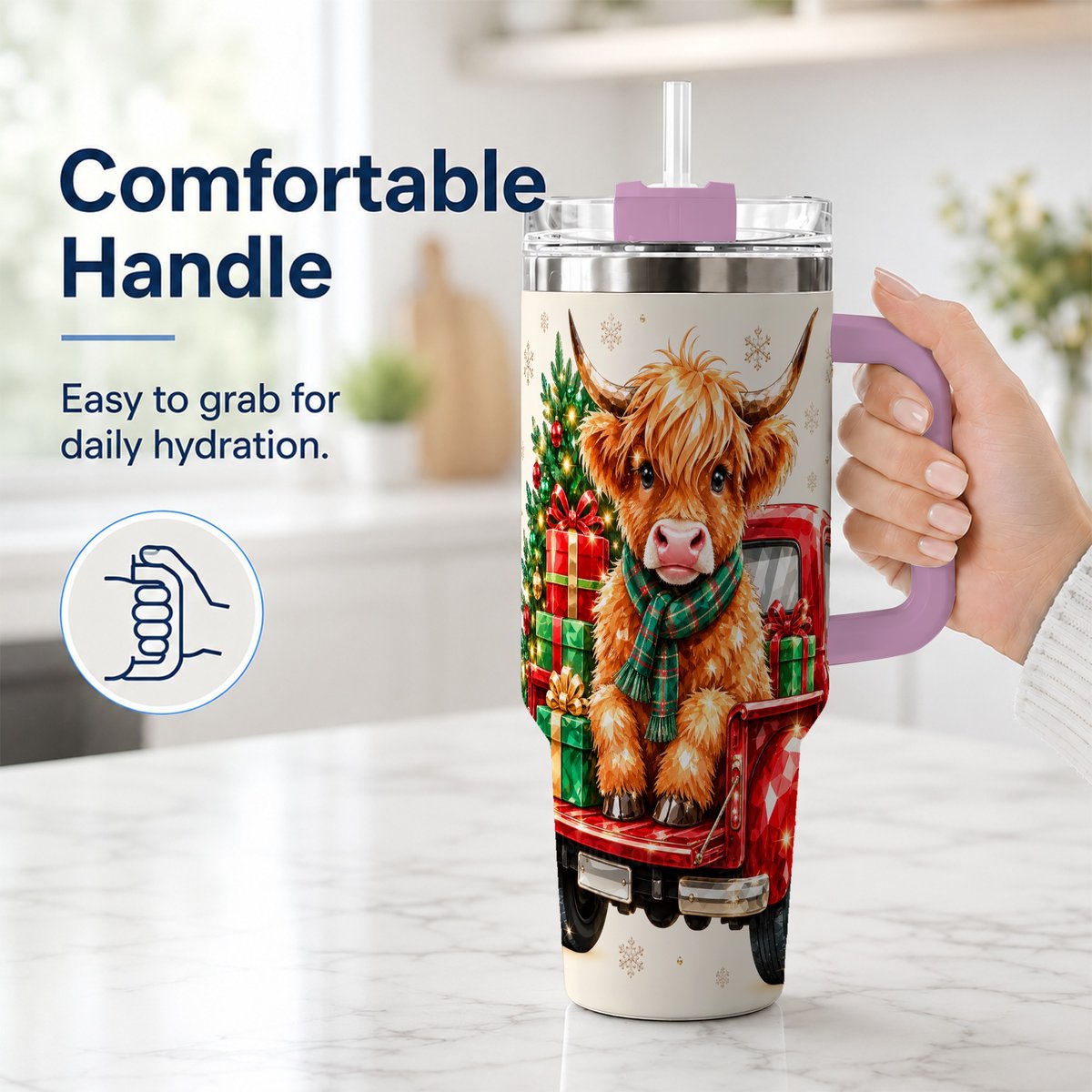 #pl[40oz|Pink] Highland Cow Truck 40oz Tumbler with Handle, Holiday Cup for Cow Lovers