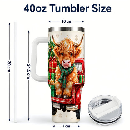 #pl[40oz|White] Highland Cow Truck 40oz Tumbler with Handle, Holiday Cup for Cow Lovers