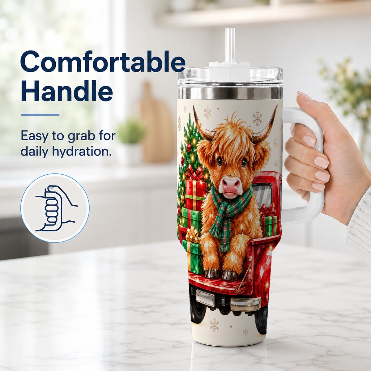 #pl[40oz|White] Highland Cow Truck 40oz Tumbler with Handle, Holiday Cup for Cow Lovers