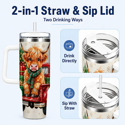 #pl[40oz|White] Highland Cow Truck 40oz Tumbler with Handle, Holiday Cup for Cow Lovers