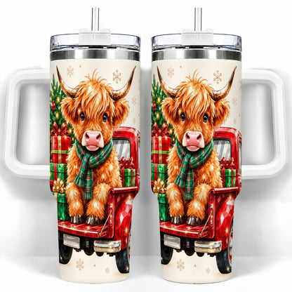 Highland Cow Truck 40oz Tumbler with Handle, Holiday Cup for Cow Lovers