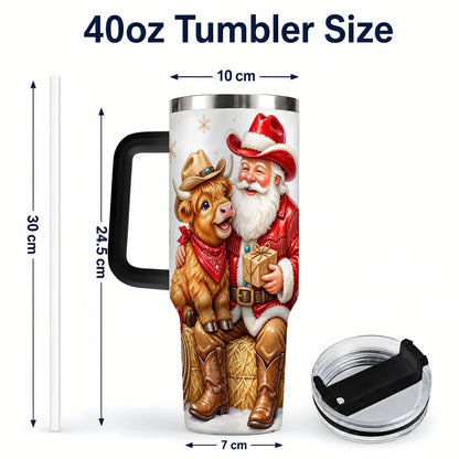 #pl[40oz|Black] Cowboy Santa Highland Cow 40oz Tumbler with Handle, Holiday Travel Cup