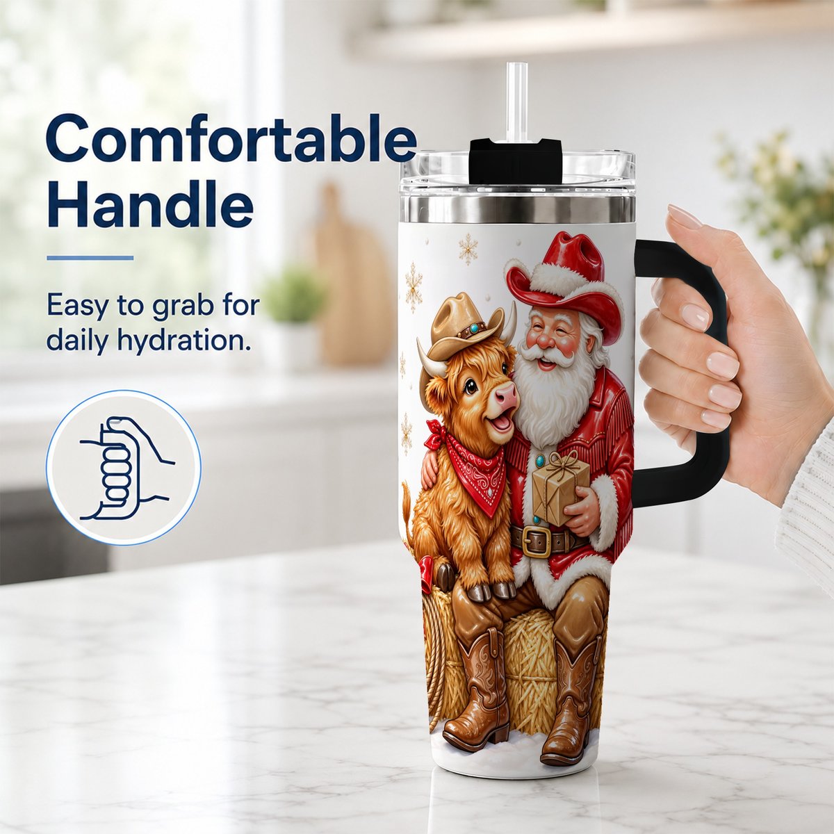 #pl[40oz|Black] Cowboy Santa Highland Cow 40oz Tumbler with Handle, Holiday Travel Cup