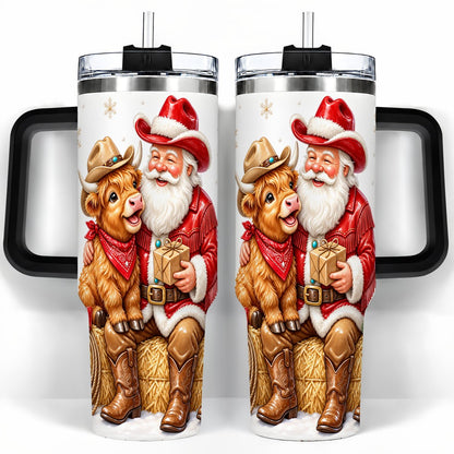 #pl[40oz|Black] Cowboy Santa Highland Cow 40oz Tumbler with Handle, Holiday Travel Cup