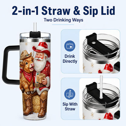 #pl[40oz|Black] Cowboy Santa Highland Cow 40oz Tumbler with Handle, Holiday Travel Cup