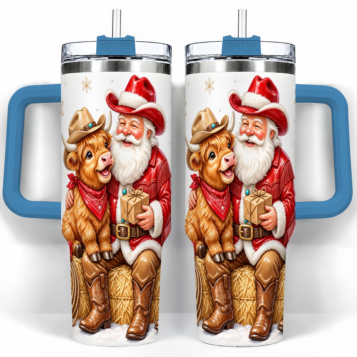 #pl[40oz|Blue] Cowboy Santa Highland Cow 40oz Tumbler with Handle, Holiday Travel Cup