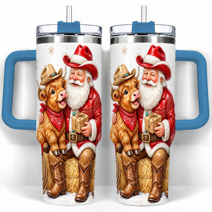 #pl[40oz|Blue] Cowboy Santa Highland Cow 40oz Tumbler with Handle, Holiday Travel Cup
