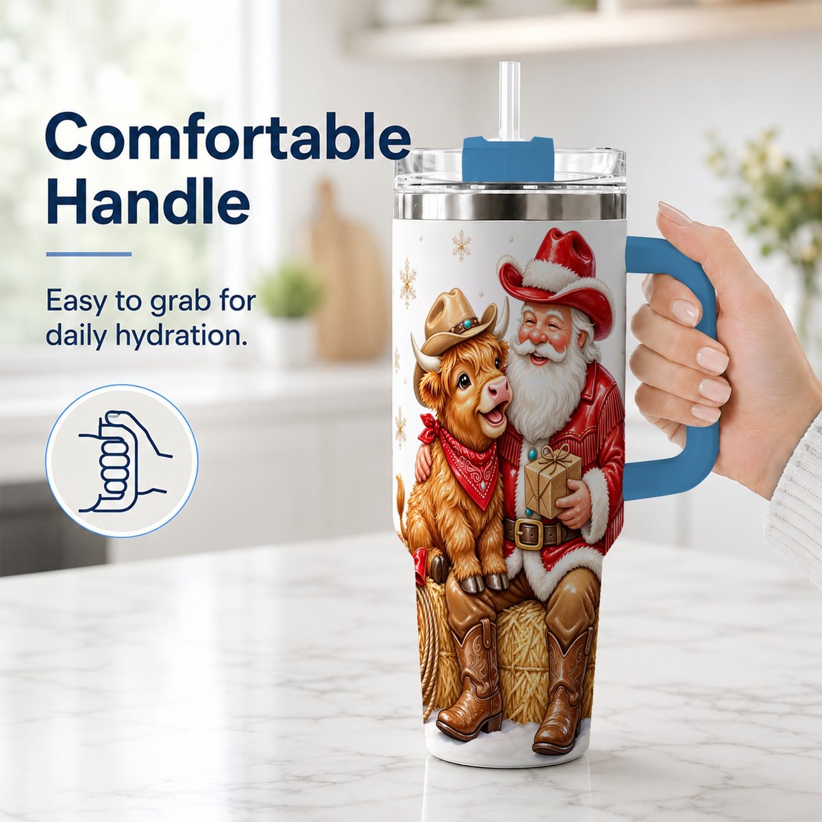#pl[40oz|Blue] Cowboy Santa Highland Cow 40oz Tumbler with Handle, Holiday Travel Cup