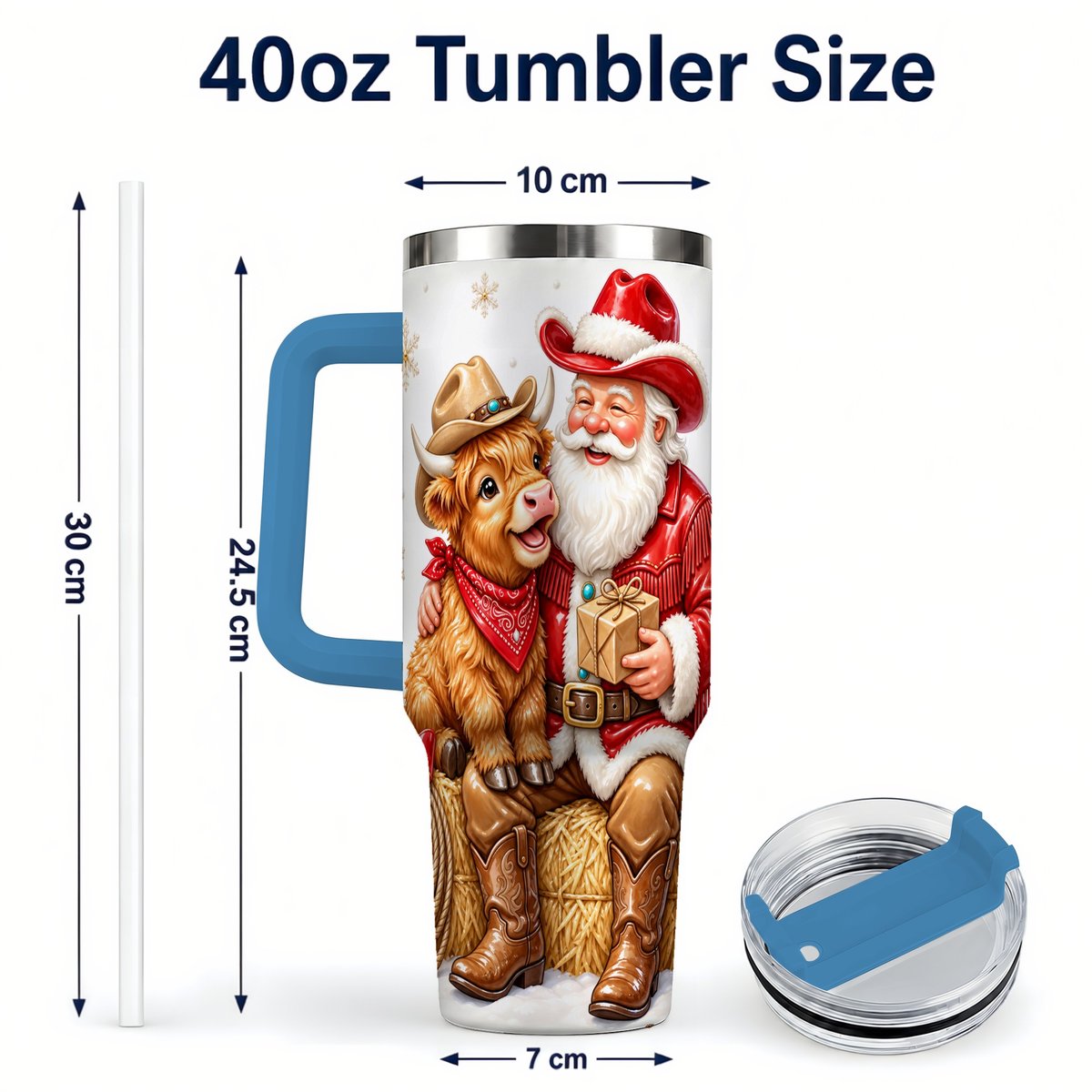 #pl[40oz|Blue] Cowboy Santa Highland Cow 40oz Tumbler with Handle, Holiday Travel Cup