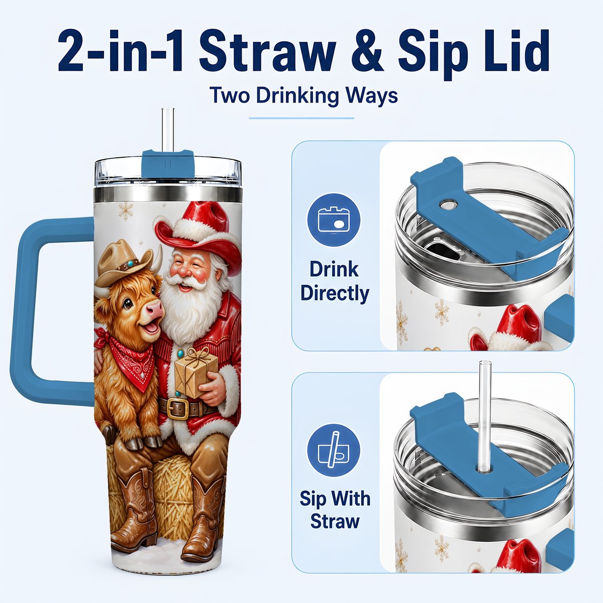 #pl[40oz|Blue] Cowboy Santa Highland Cow 40oz Tumbler with Handle, Holiday Travel Cup