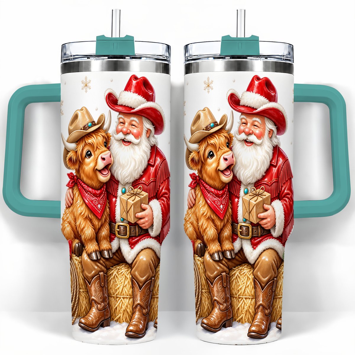 #pl[40oz|Green] Cowboy Santa Highland Cow 40oz Tumbler with Handle, Holiday Travel Cup