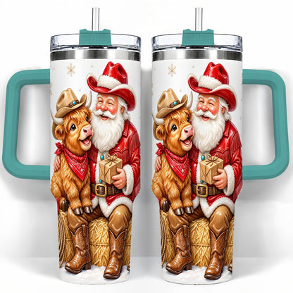 #pl[40oz|Green] Cowboy Santa Highland Cow 40oz Tumbler with Handle, Holiday Travel Cup