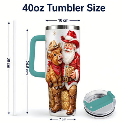 #pl[40oz|Green] Cowboy Santa Highland Cow 40oz Tumbler with Handle, Holiday Travel Cup