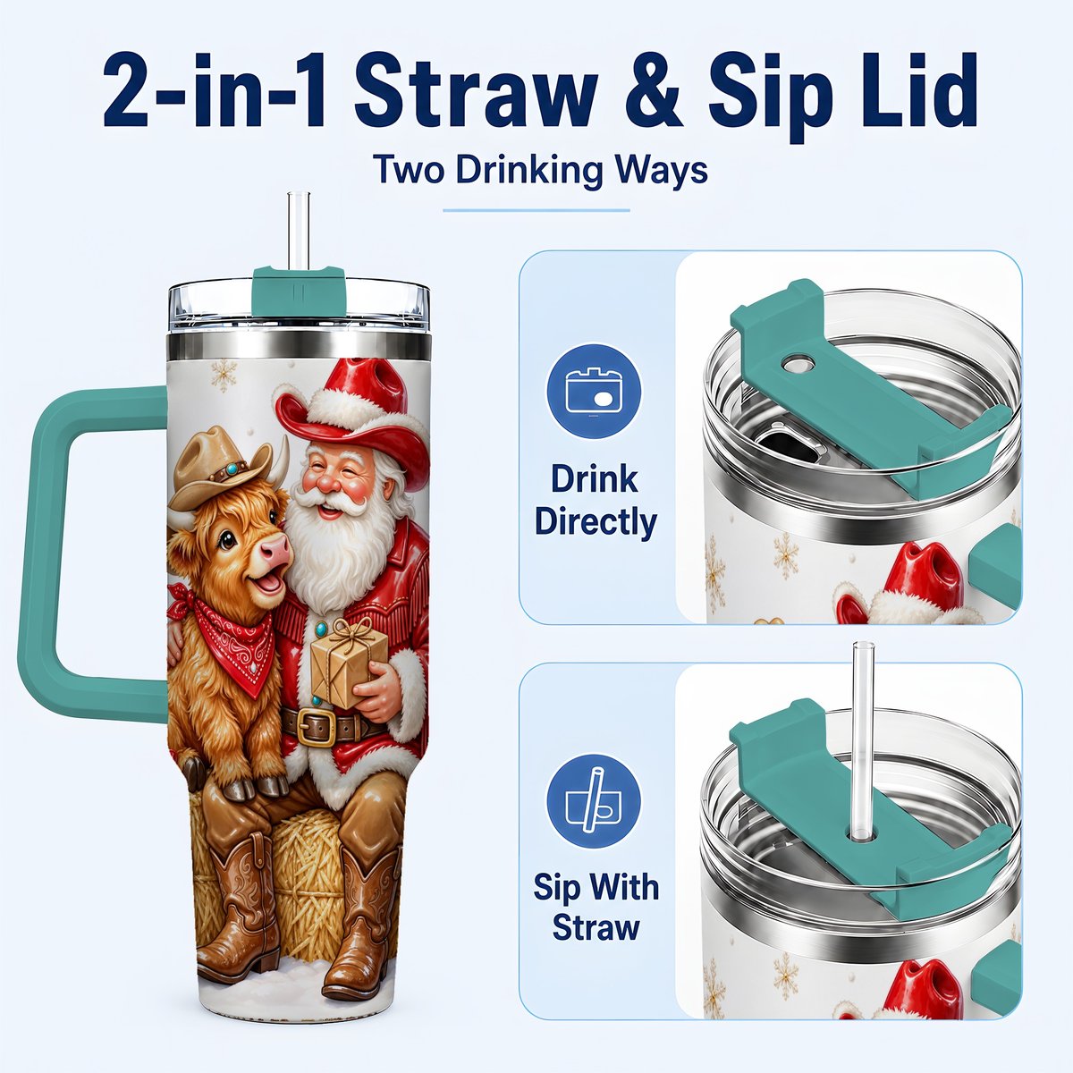 #pl[40oz|Green] Cowboy Santa Highland Cow 40oz Tumbler with Handle, Holiday Travel Cup
