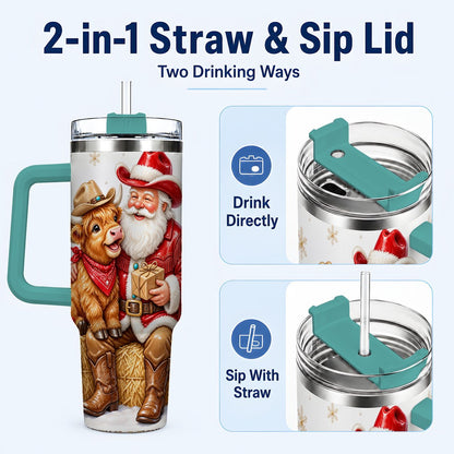 #pl[40oz|Green] Cowboy Santa Highland Cow 40oz Tumbler with Handle, Holiday Travel Cup