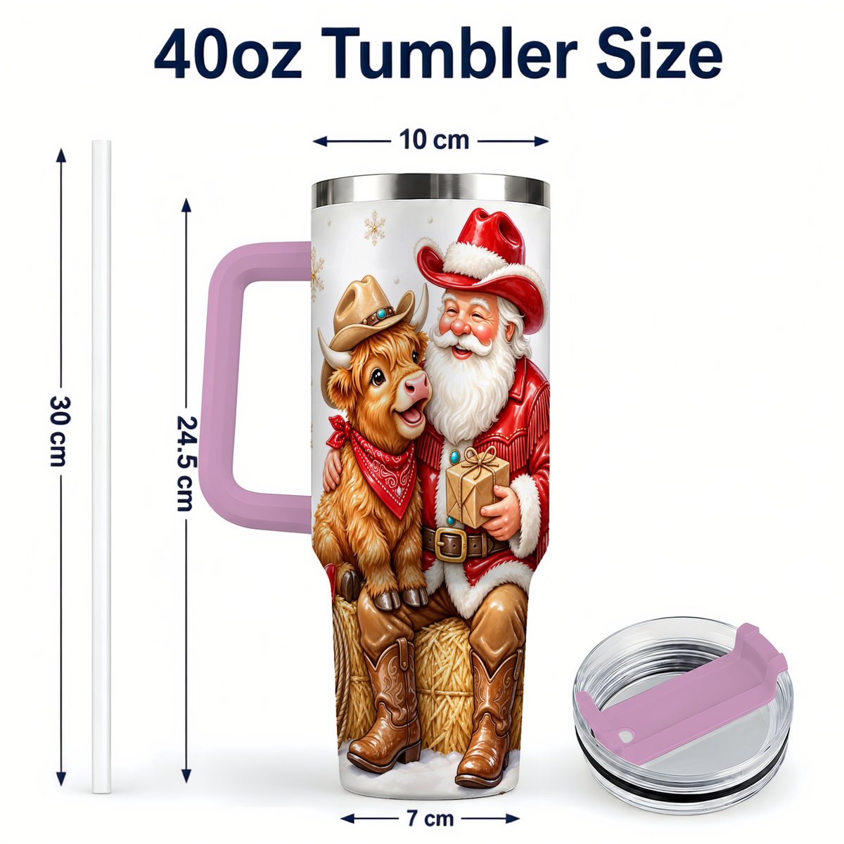 #pl[40oz|Pink] Cowboy Santa Highland Cow 40oz Tumbler with Handle, Holiday Travel Cup