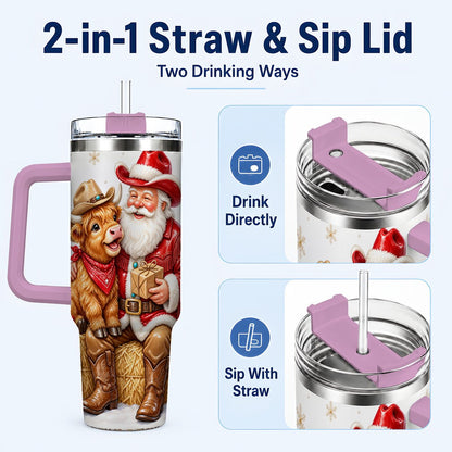 #pl[40oz|Pink] Cowboy Santa Highland Cow 40oz Tumbler with Handle, Holiday Travel Cup