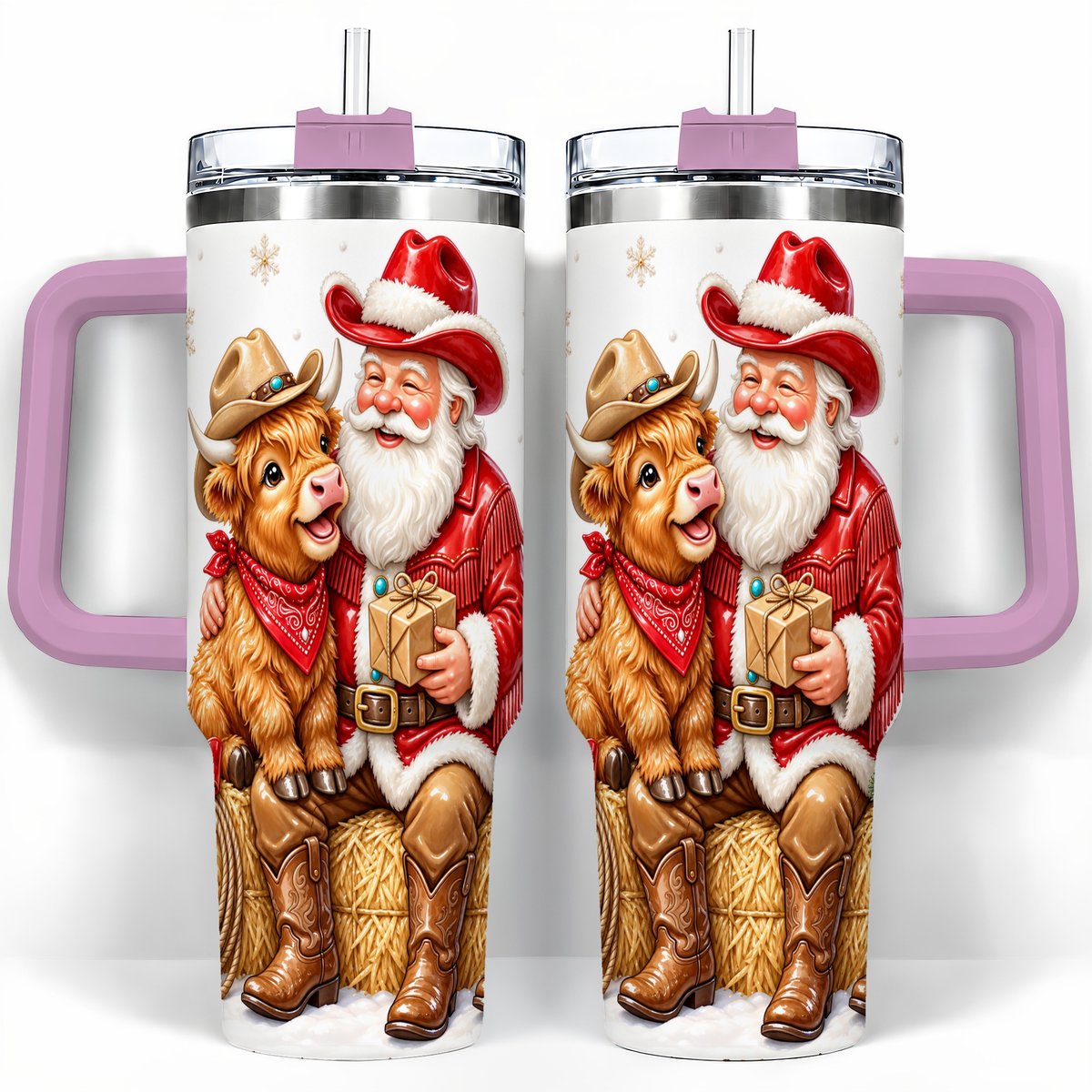 #pl[40oz|Pink] Cowboy Santa Highland Cow 40oz Tumbler with Handle, Holiday Travel Cup