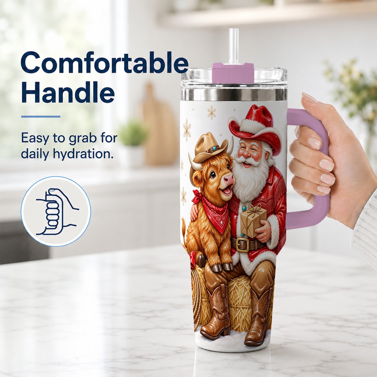 #pl[40oz|Pink] Cowboy Santa Highland Cow 40oz Tumbler with Handle, Holiday Travel Cup