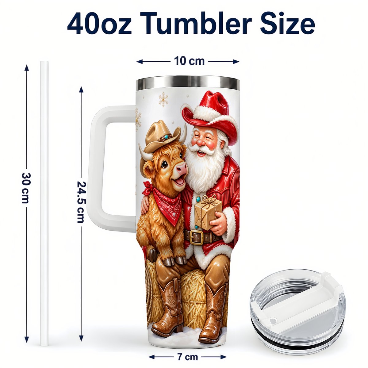 #pl[40oz|White] Cowboy Santa Highland Cow 40oz Tumbler with Handle, Holiday Travel Cup