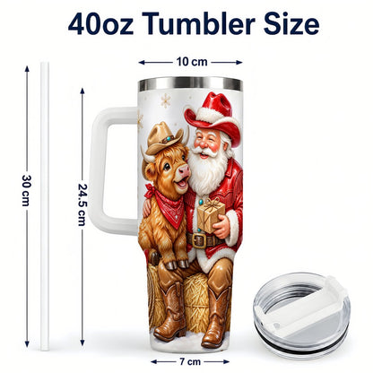 #pl[40oz|White] Cowboy Santa Highland Cow 40oz Tumbler with Handle, Holiday Travel Cup