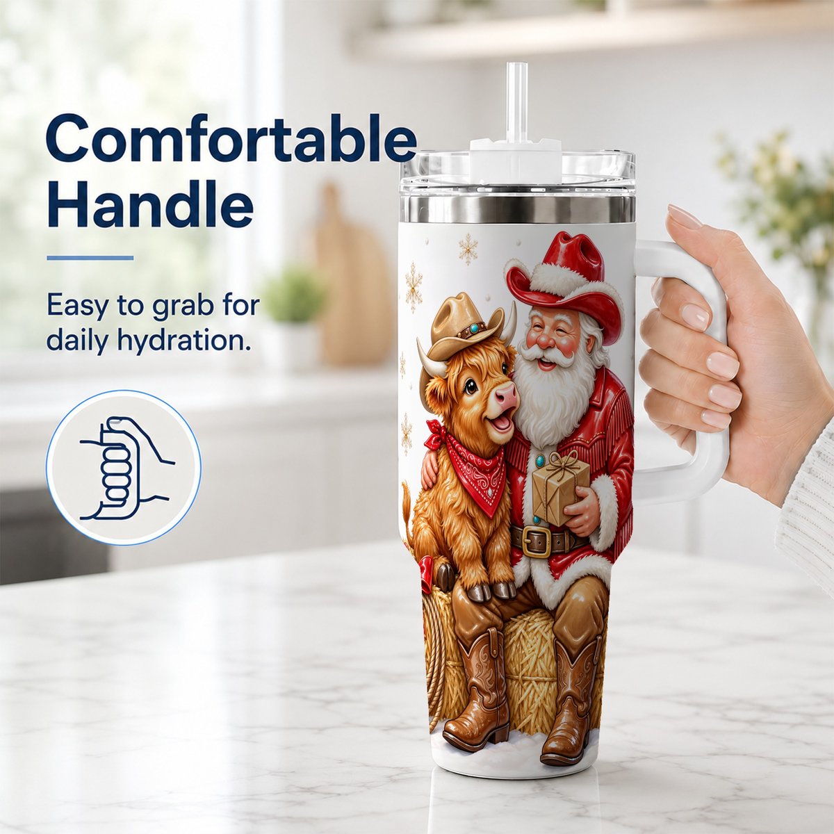#pl[40oz|White] Cowboy Santa Highland Cow 40oz Tumbler with Handle, Holiday Travel Cup