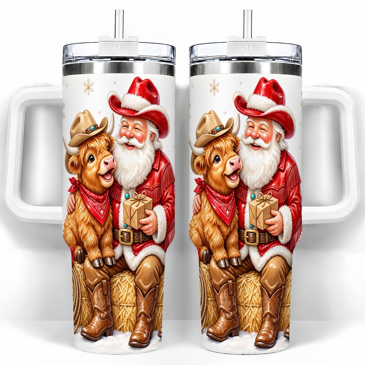 Cowboy Santa Highland Cow 40oz Tumbler with Handle, Holiday Travel Cup