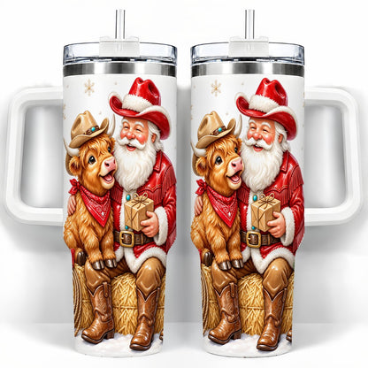 Cowboy Santa Highland Cow 40oz Tumbler with Handle, Holiday Travel Cup