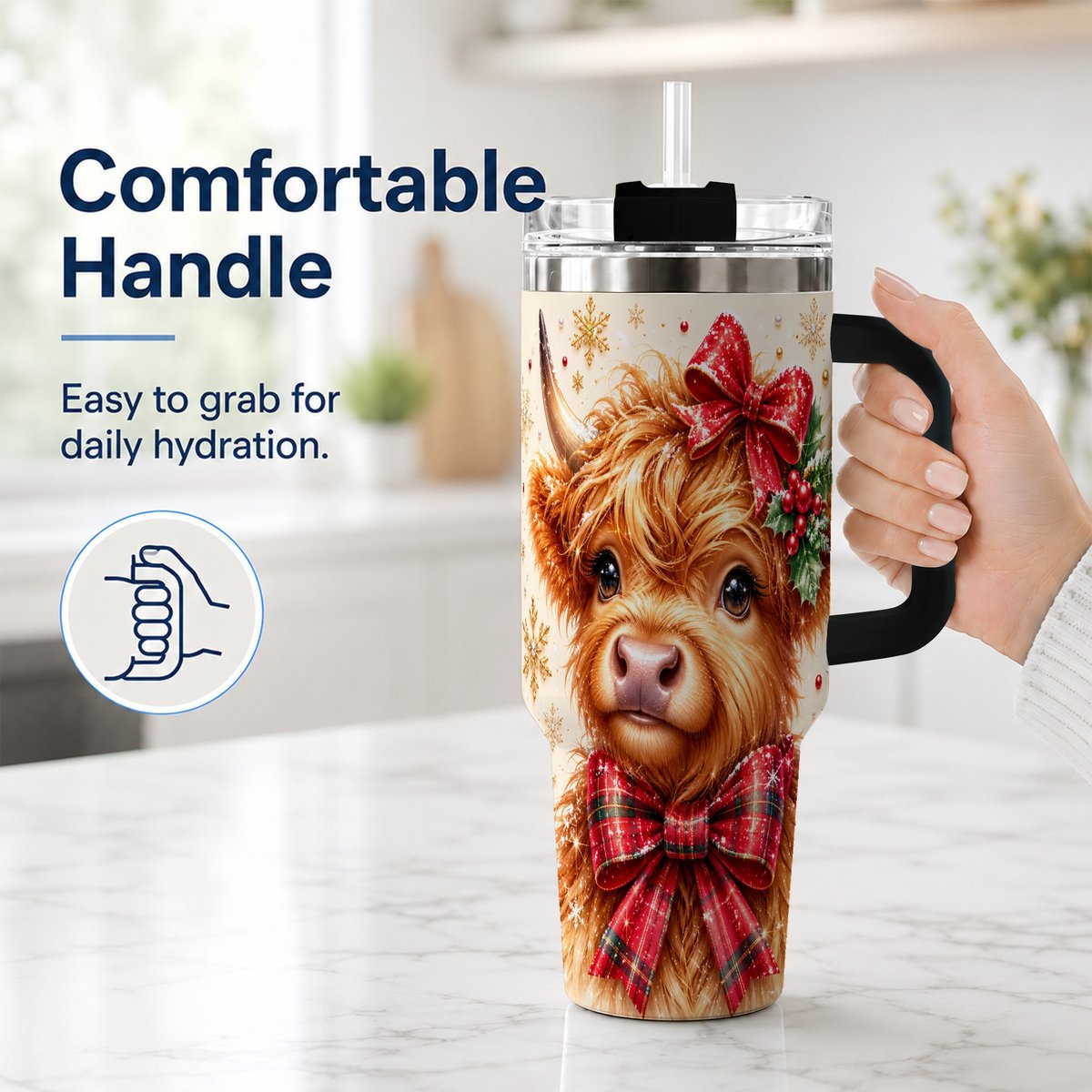 #pl[40oz|Black] Red Bow Highland Cow 40oz Tumbler with Handle, Christmas Travel Cup