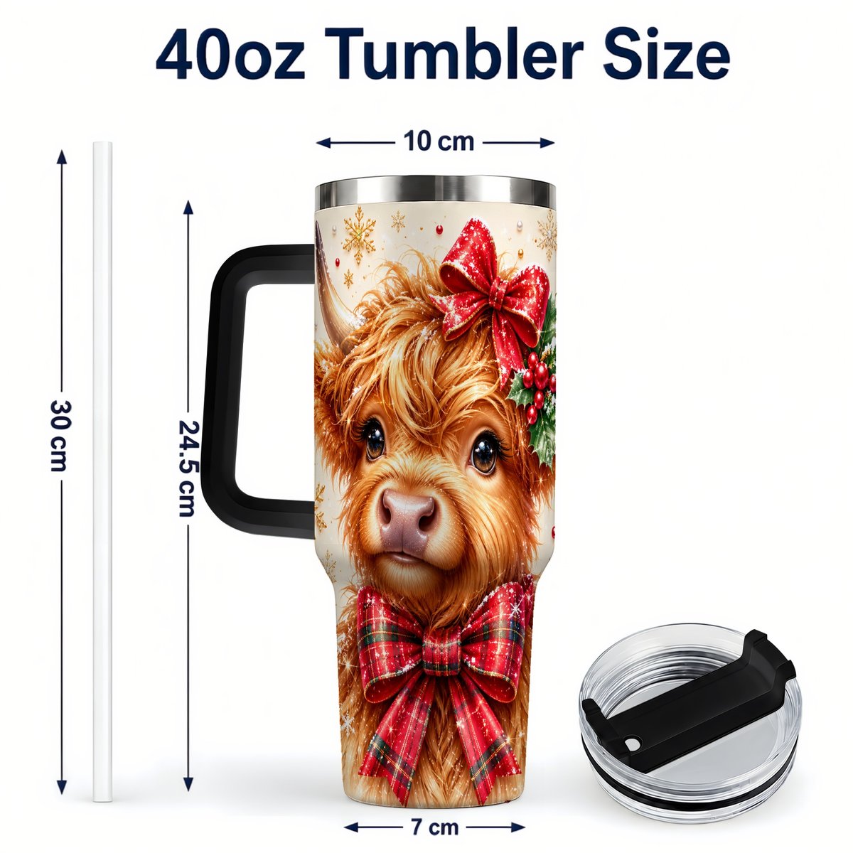 #pl[40oz|Black] Red Bow Highland Cow 40oz Tumbler with Handle, Christmas Travel Cup