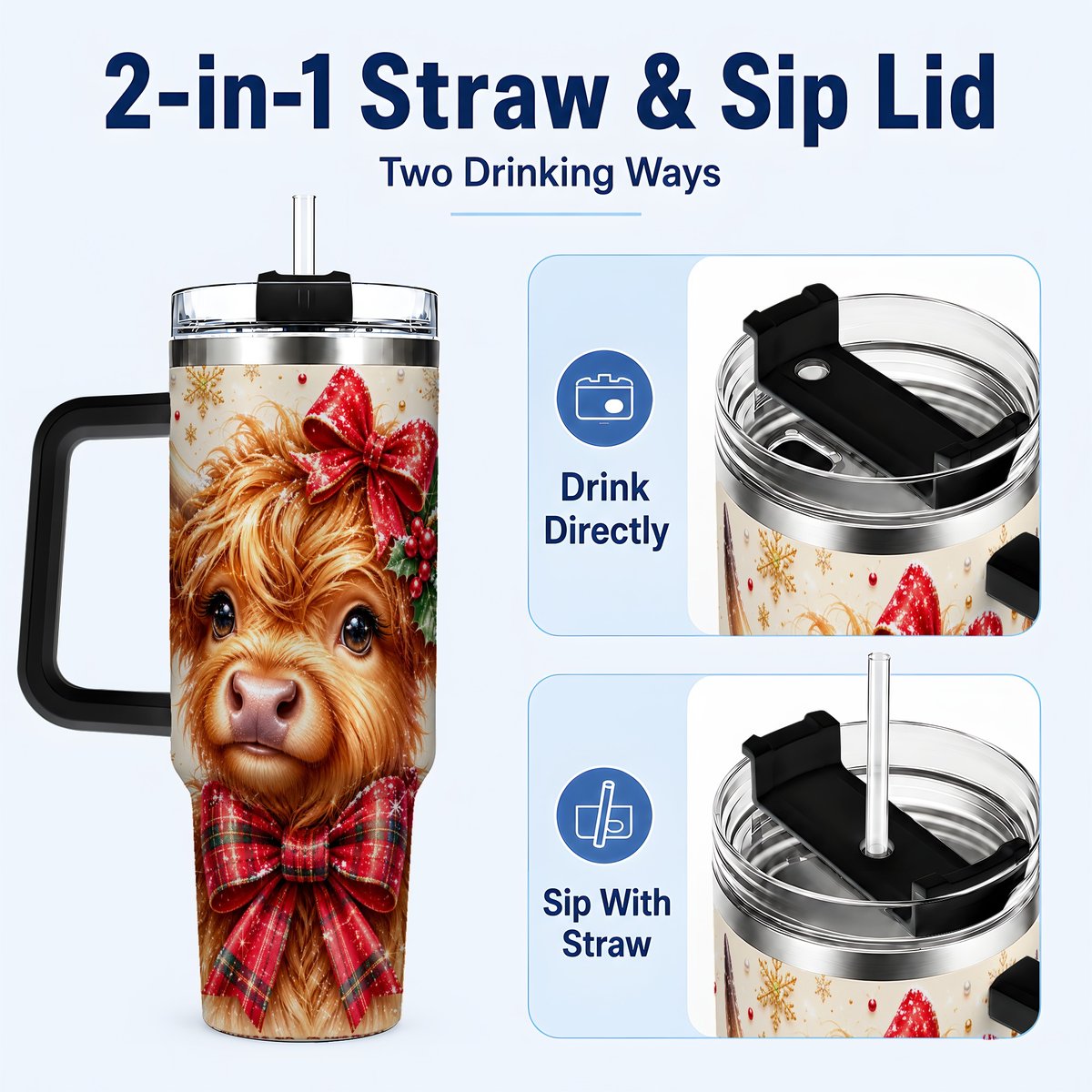 #pl[40oz|Black] Red Bow Highland Cow 40oz Tumbler with Handle, Christmas Travel Cup