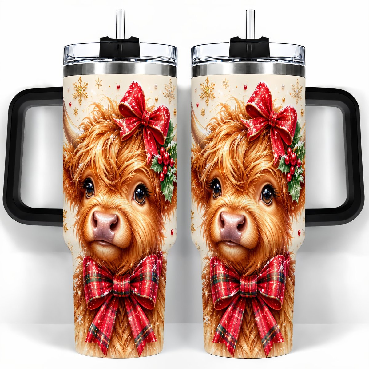 #pl[40oz|Black] Red Bow Highland Cow 40oz Tumbler with Handle, Christmas Travel Cup