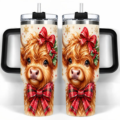 #pl[40oz|Black] Red Bow Highland Cow 40oz Tumbler with Handle, Christmas Travel Cup