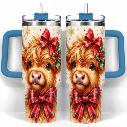 #pl[40oz|Blue] Red Bow Highland Cow 40oz Tumbler with Handle, Christmas Travel Cup