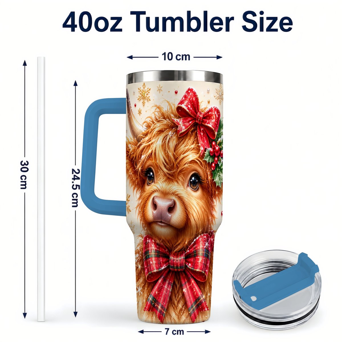 #pl[40oz|Blue] Red Bow Highland Cow 40oz Tumbler with Handle, Christmas Travel Cup