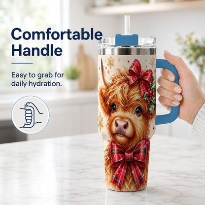 #pl[40oz|Blue] Red Bow Highland Cow 40oz Tumbler with Handle, Christmas Travel Cup
