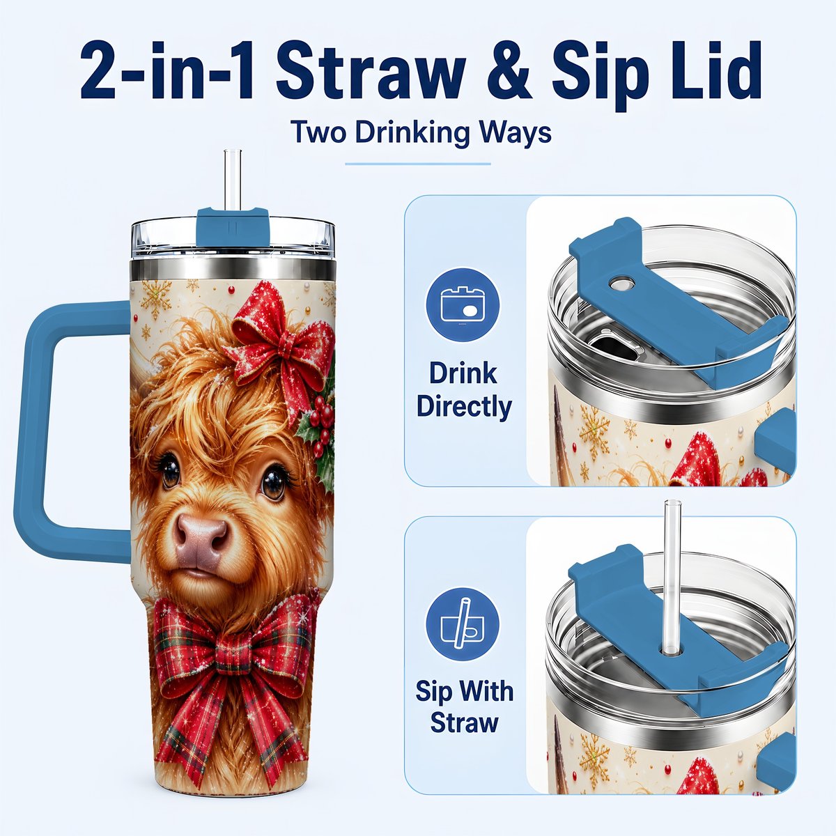 #pl[40oz|Blue] Red Bow Highland Cow 40oz Tumbler with Handle, Christmas Travel Cup