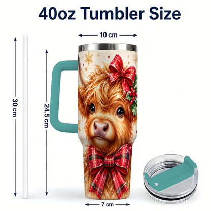 #pl[40oz|Green] Red Bow Highland Cow 40oz Tumbler with Handle, Christmas Travel Cup
