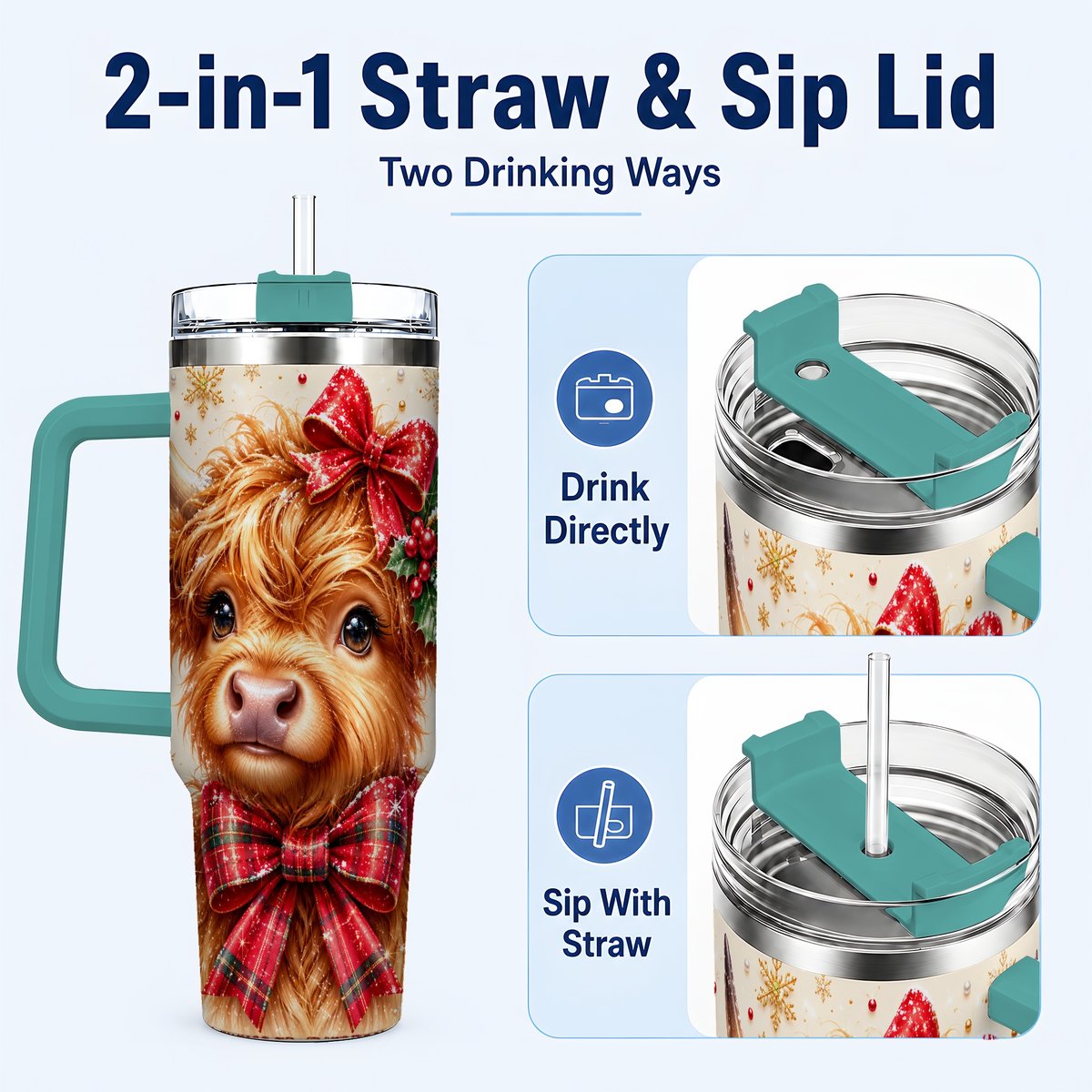 #pl[40oz|Green] Red Bow Highland Cow 40oz Tumbler with Handle, Christmas Travel Cup