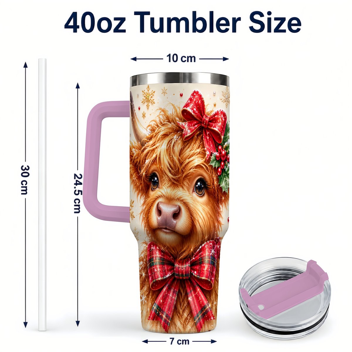 #pl[40oz|Pink] Red Bow Highland Cow 40oz Tumbler with Handle, Christmas Travel Cup