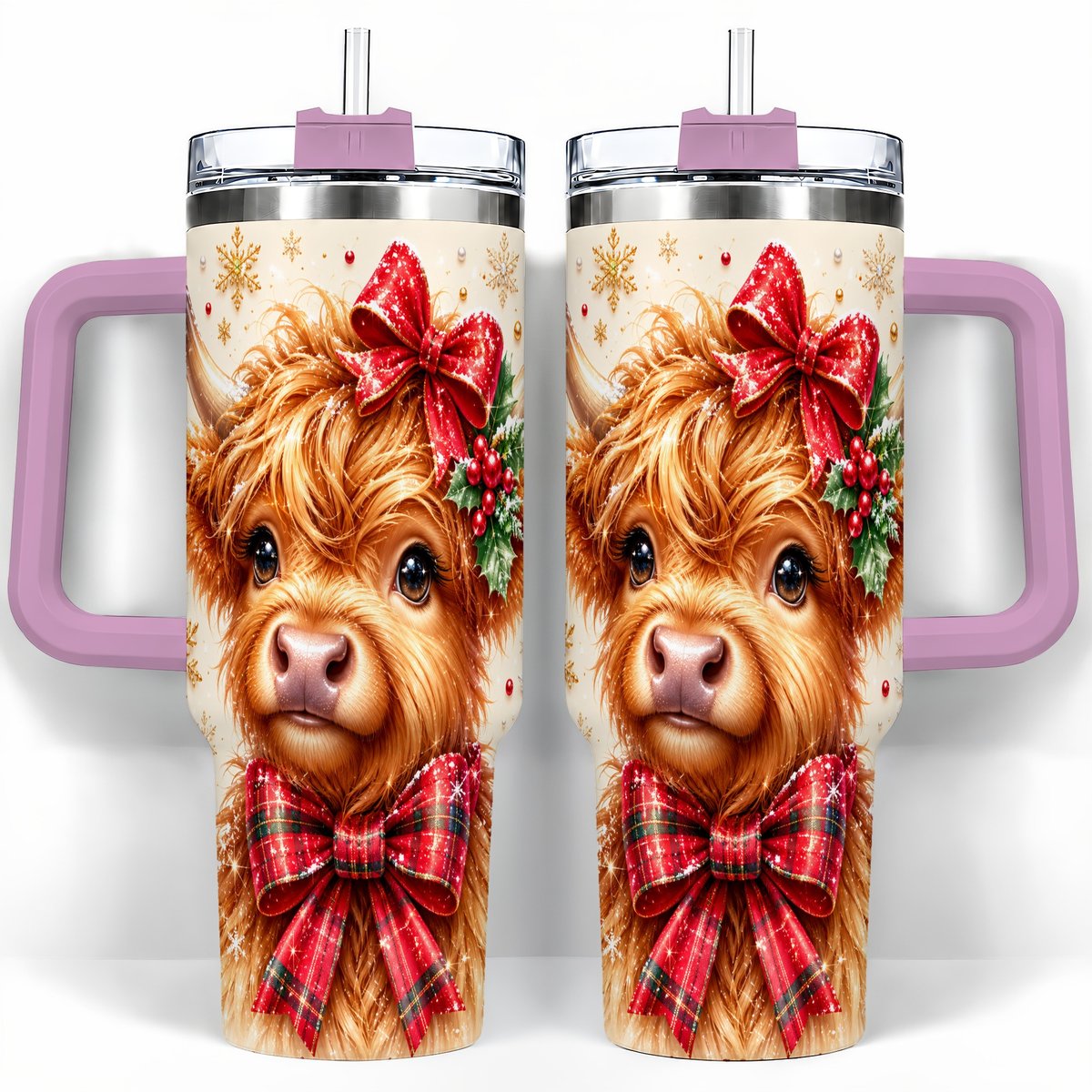 #pl[40oz|Pink] Red Bow Highland Cow 40oz Tumbler with Handle, Christmas Travel Cup