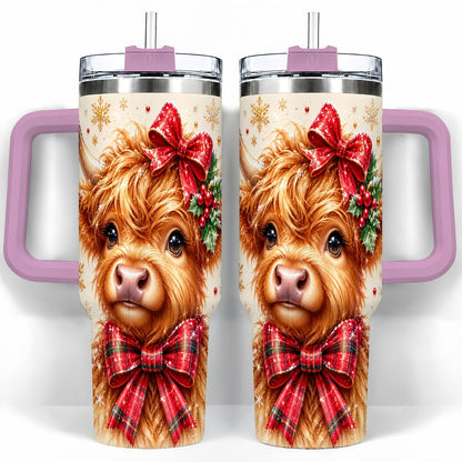 #pl[40oz|Pink] Red Bow Highland Cow 40oz Tumbler with Handle, Christmas Travel Cup